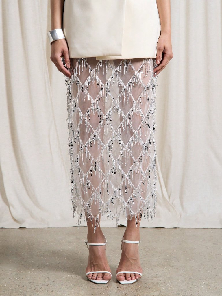 White Chic Women's Pencil Maxi Skirt With Crystal Net Overlay Lattice